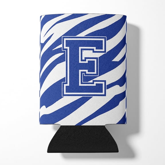 Letter E Initial Tiger Stripe Blue and White Can or Bottle Hugger