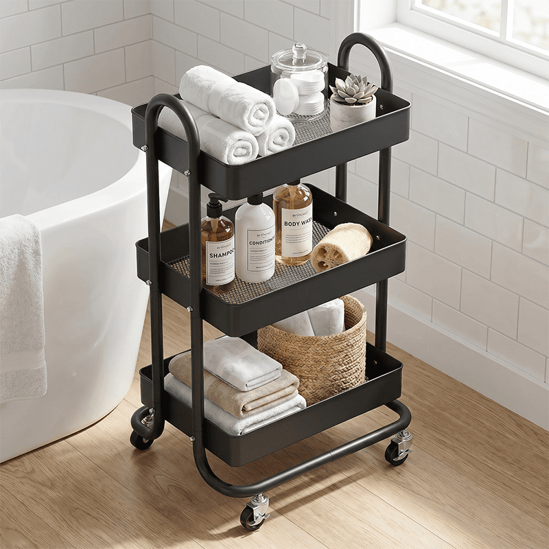 Fenbeli 3-Tier Metal Rolling Utility Cart with Wheels, black, 18"L x 13.4"W x 31"H