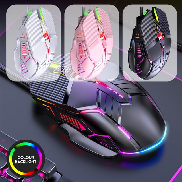 Clearance Items! Wired Mouse Luminous Game E-Sports Mechanical Mute for PC, tablet, desktop, and laptop. This gaming mouse features an ergonomic design, RGB backlit lighting, 6-button layout, and adjustable DPI settings (1200-3200) for precision control. Available in black, white, and pink color options.
