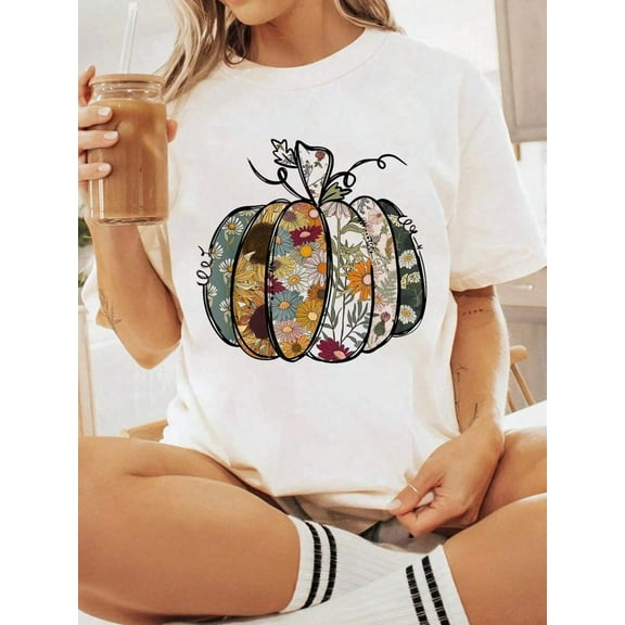 100% Cotton Halloween Graphic Women T Shirt Pumpkin Floral Autumn Fall Season Thanksgiving Wildflower T-Shirt