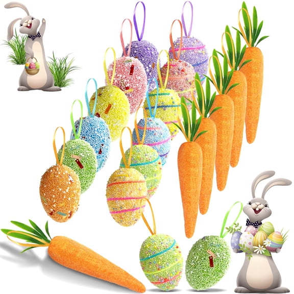 18PCS Easter Egg Ornaments and Carrot Hanging Ornaments Colorful Foam Hanging Egg Ornaments Foam Glitter Artificial Carrots Easter Tree Decorations Home Party DIY Crafts