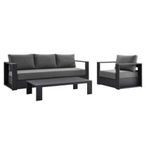 Lounge Sectional Sofa Chair Table Set, Grey Gray, Aluminum, Metal, Fabric, Modern Contemporary, Outdoor Patio Balcony Cafe Bistro Garden Furniture Hotel Hospitality