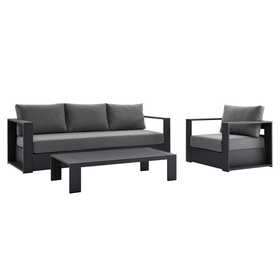 Lounge Sectional Sofa Chair Table Set, Grey Gray, Aluminum, Metal, Fabric, Modern Contemporary, Outdoor Patio Balcony Cafe Bistro Garden Furniture Hotel Hospitality