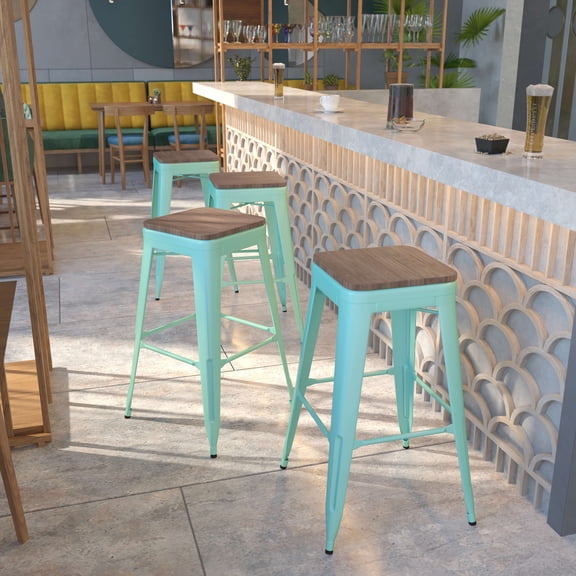 BizChair 4 Pk. 30" High Backless Mint Green Barstool with Square Wood Seat