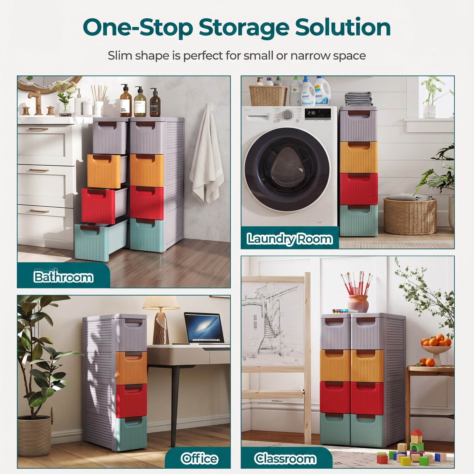 Furnibear 4-Drawer Narrow Rolling Storage Cabinet Organizer with Built-In Wheels for Bathroom Laundry Room and Small Spaces, Multicolor
