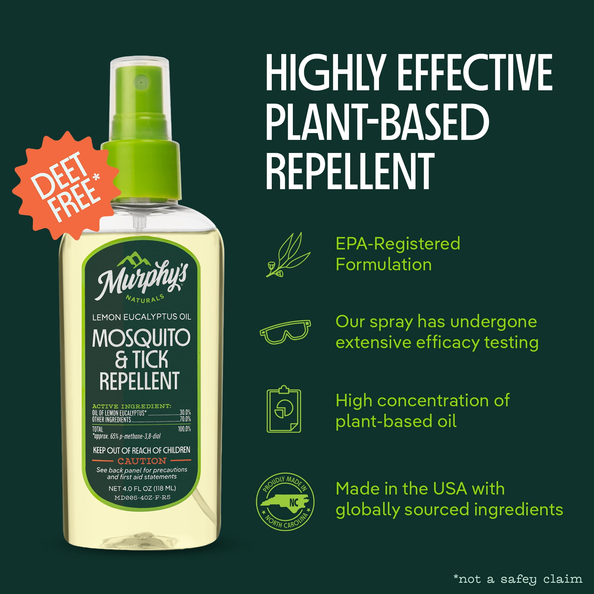 Murphy’s Naturals Plant-Based Mosquito & Tick Repellent Spray, Lemon Eucalyptus Oil, 4oz