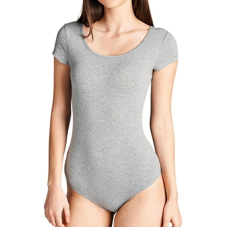 Women s Solid Short Sleeve Scoop Neck Cotton Bodysuit Leotard with Snap Crotch Bottom (H GREY   M)