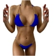 thumbnail image 2 of Wuxian Women 2 Piece Bikini Set Swimwear Summer Solid Color Chain Halter Backless Deep V-Neck Spaghetti Strap Push-Up Padded Bra Low Waist Swimsuit Fashionable Beachwear,Blue,M, 2 of 6