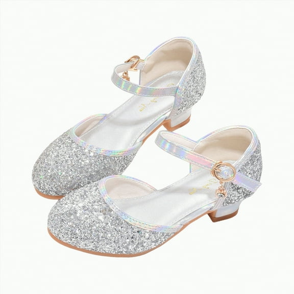 Hessimy Girls Dress Shoes Mary Jane Wedding Party Shoes Glitter Bridesmaids Princess Heels Low Heels Glitter Flower Party Wedding Footwear school Rhinestone Sequin (Silver,11.5)