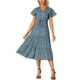 thumbnail image 1 of INSPIRE CHIC Robe Bohème d'Été pour Femme Décontractée à Manches Courtes, Col en V, à Volants, Midi à Fleurs, Bleu Foncé, m, 1 of 5