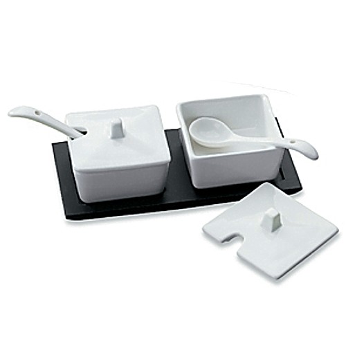 Square White Condiment Bowls with Lids and Spoons