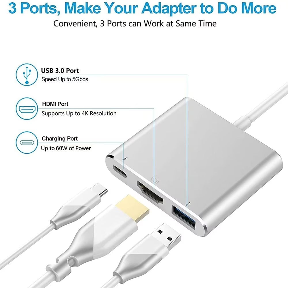 USB-C to HDMI Adapter Type-C 3 in 1 Converter Cable Thumderbolt 3 to HDMI 4K Video Converter USB 3.0 Hub Port PD Quick Charging Port with Large Projection