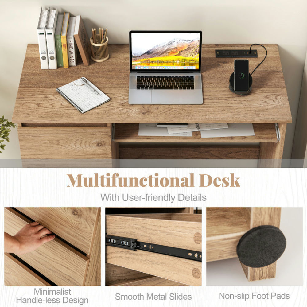 Barara King Writing Desk,Writing Workstation, Computer Desk with Power Outlet Keyboard Tray and 3 Large Drawers-Natural