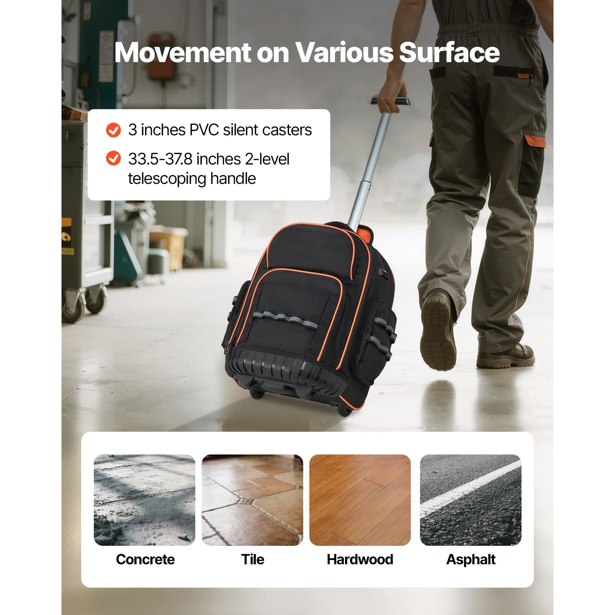 Rolling Tool Backpack with 45 Pockets, 110 lbs Capacity, 1680D Oxford Fabric, 2-Level Handle, for Electrician Plumber Mechanic