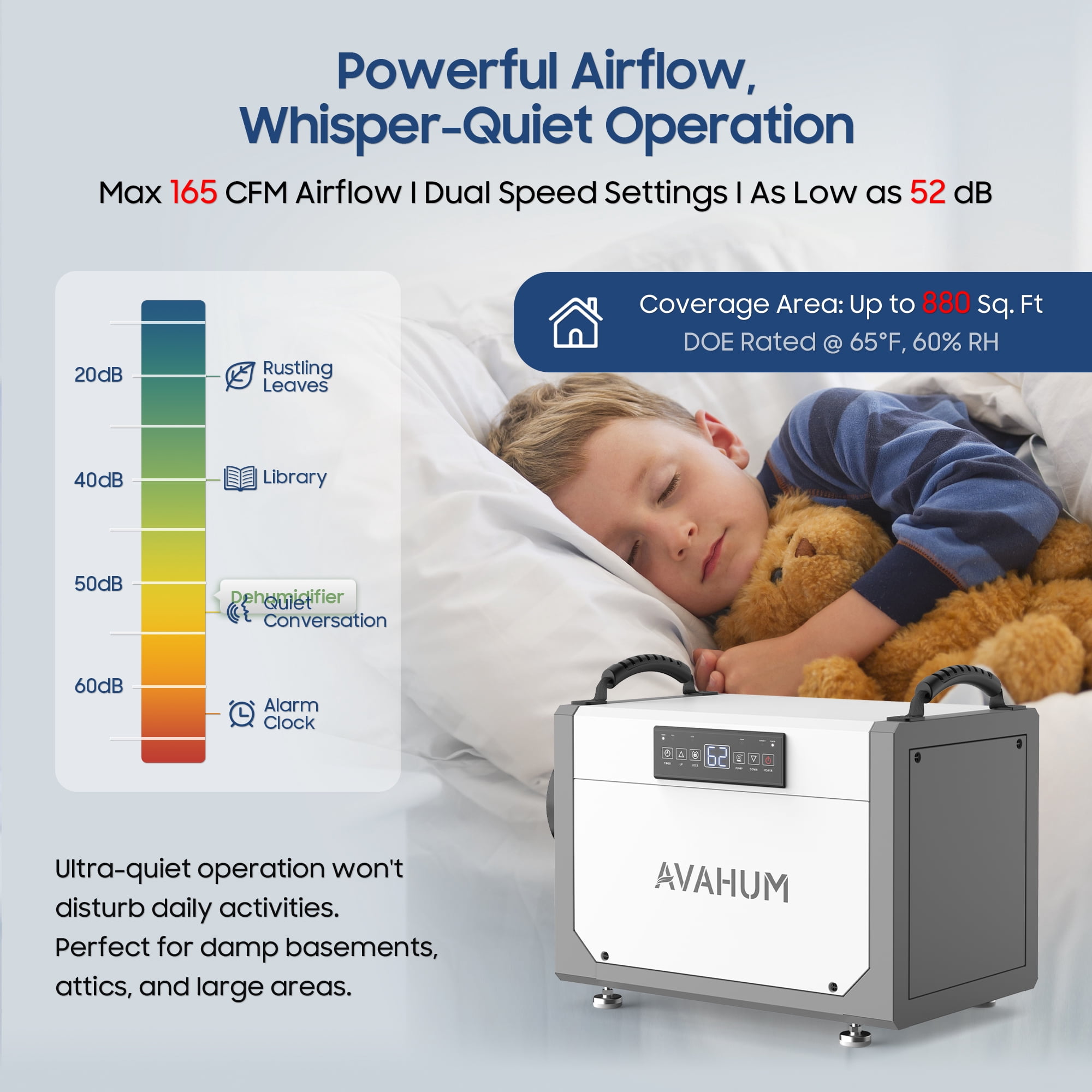 AVAHUM 113 Pints Commercial Dehumidifier with Pump for 880 sq. ft. Crawl Space, Basement and Job Sites