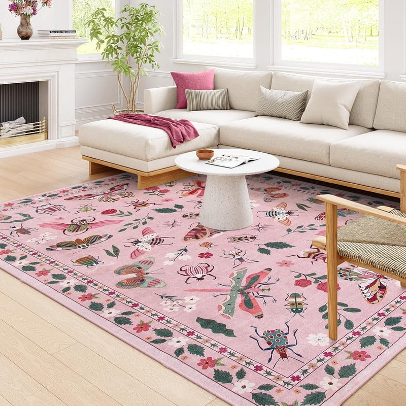 Wonnitar 8'x10' Area Rug for Living Room Insect & Botanical Washable Rug - Soft Nature-Inspired Carpet for Living Room, Non-Slip Ultra-Thin Large Rug for Bedroom, Dining Room, Nursery