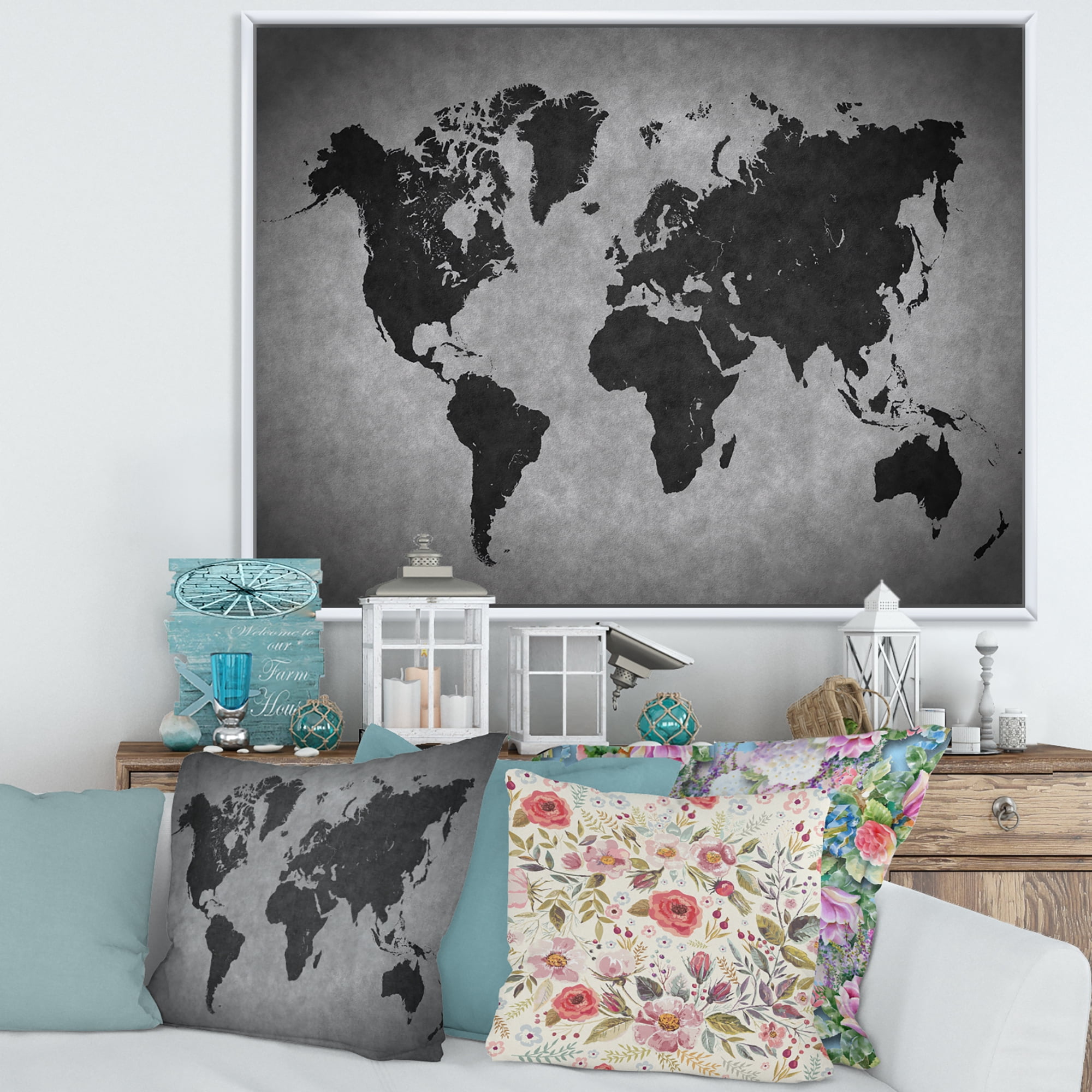 Designart 'Ancient World Map IX' Vintage Framed Canvas Wall Art Print