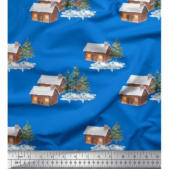 Soimoi Blue Cotton Cambric Fabric Pine Tree & Cottage Nature Print Sewing Fabric Yard 42 Inch Wide