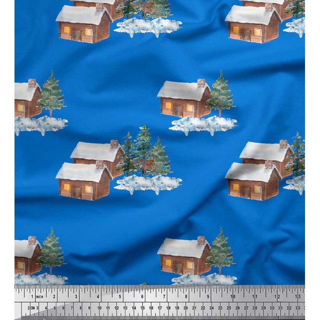 Soimoi Blue polyester Crepe Fabric Pine Tree & Cottage Nature Printed Craft Fabric by the Yard 42 Inch Wide