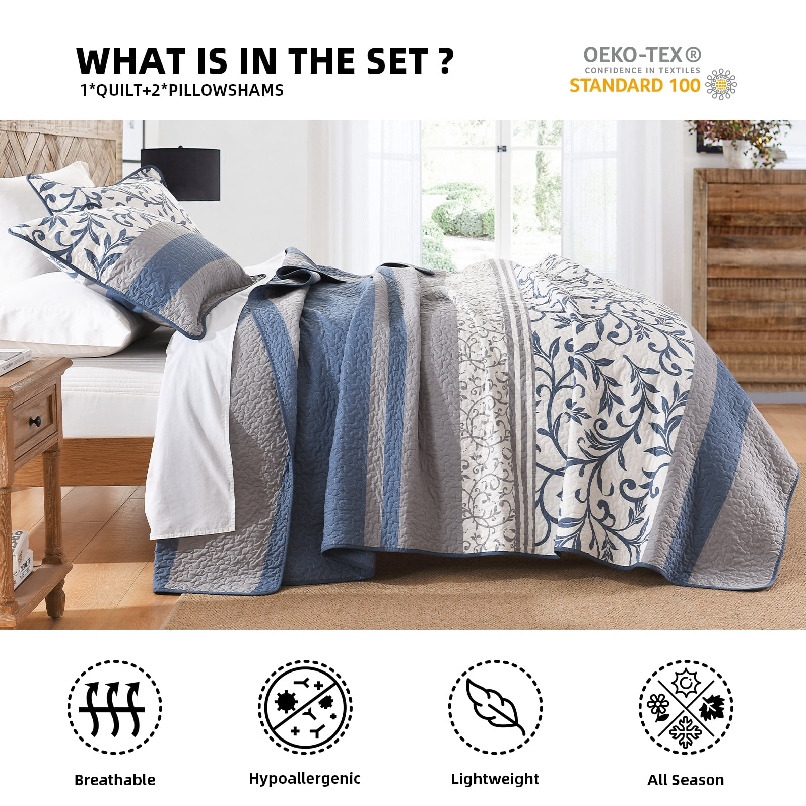 PANGUSHAN 100% Cotton King Quilt Set, Floral Striped Patterns King Size Quilt Bedding Set Bedspreads, Reversible Quilted Lightweight Comforter, Blue/Gray/White Bed Spread for King Bed, 3pcs