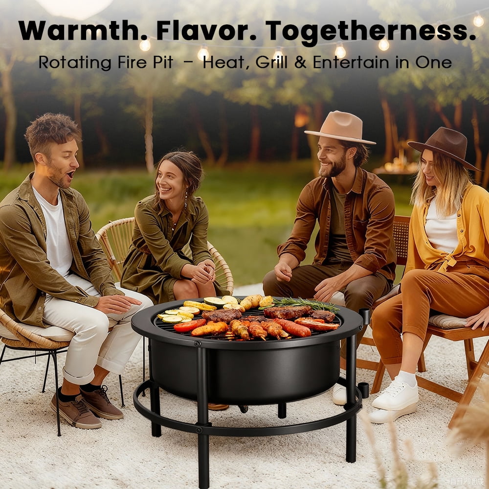 Large Wood Burning Fire Pit with 28" Rotating Wheeled Side Table, 3-In-1 Outdoor Metal Firepit with Screen Lid, Grill and Basting Brush for BBQ Patio Backyard Garden