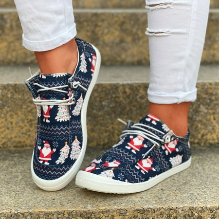 

ERTUTUYI Ladies Fashion Exquisite Christmas Print Lace Up Comfort Flat Casual Shoes Blue 38
