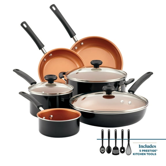 Farberware Easy Clean 14 Pcs Ceramic Nonstick Cookware Set with Cooking Tools, Dishwasher Safe, Black