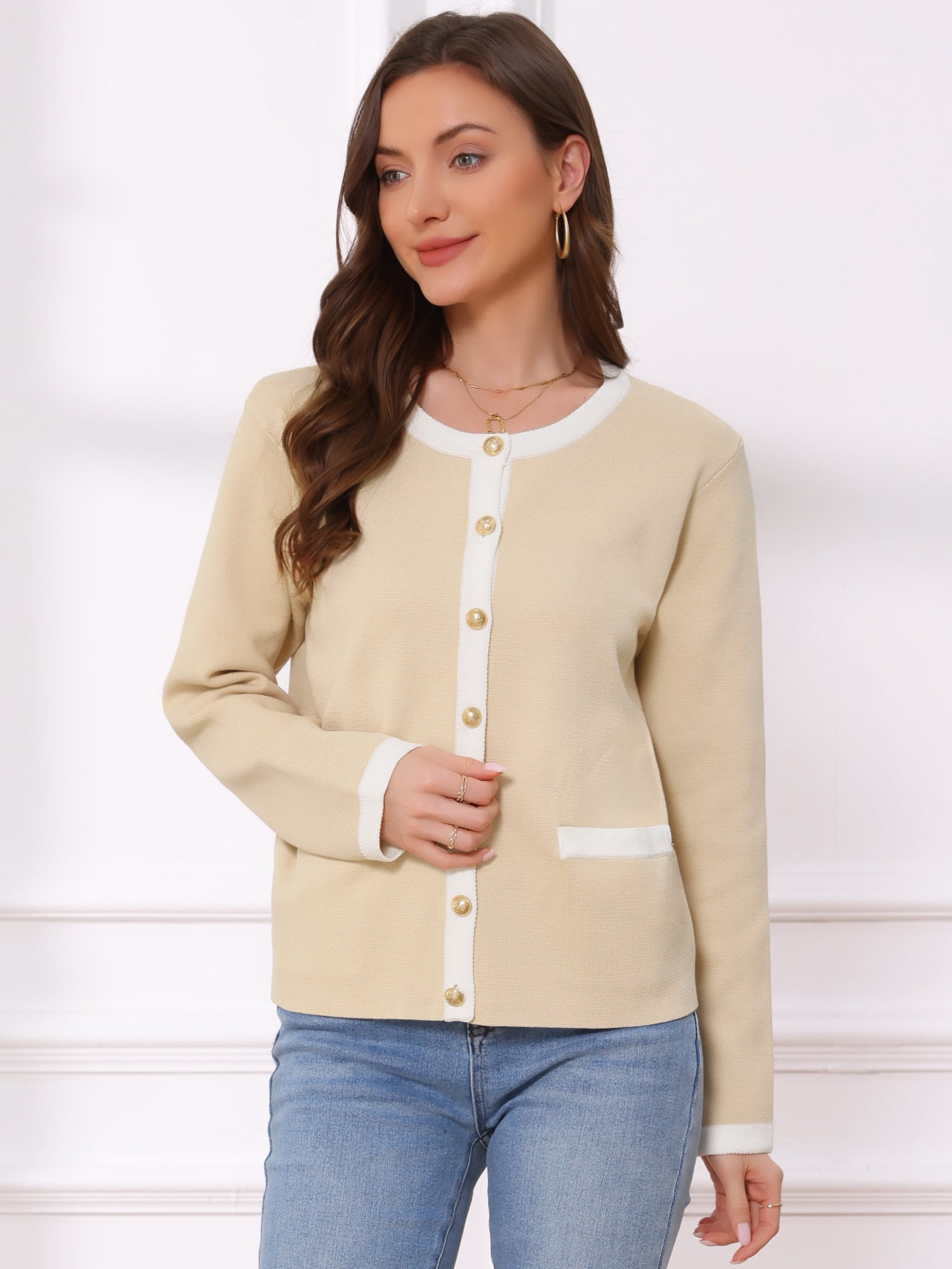 DARING DIVA Women's Lightweight Long Sleeve Crew Neck Knit Cardigan XS Beige