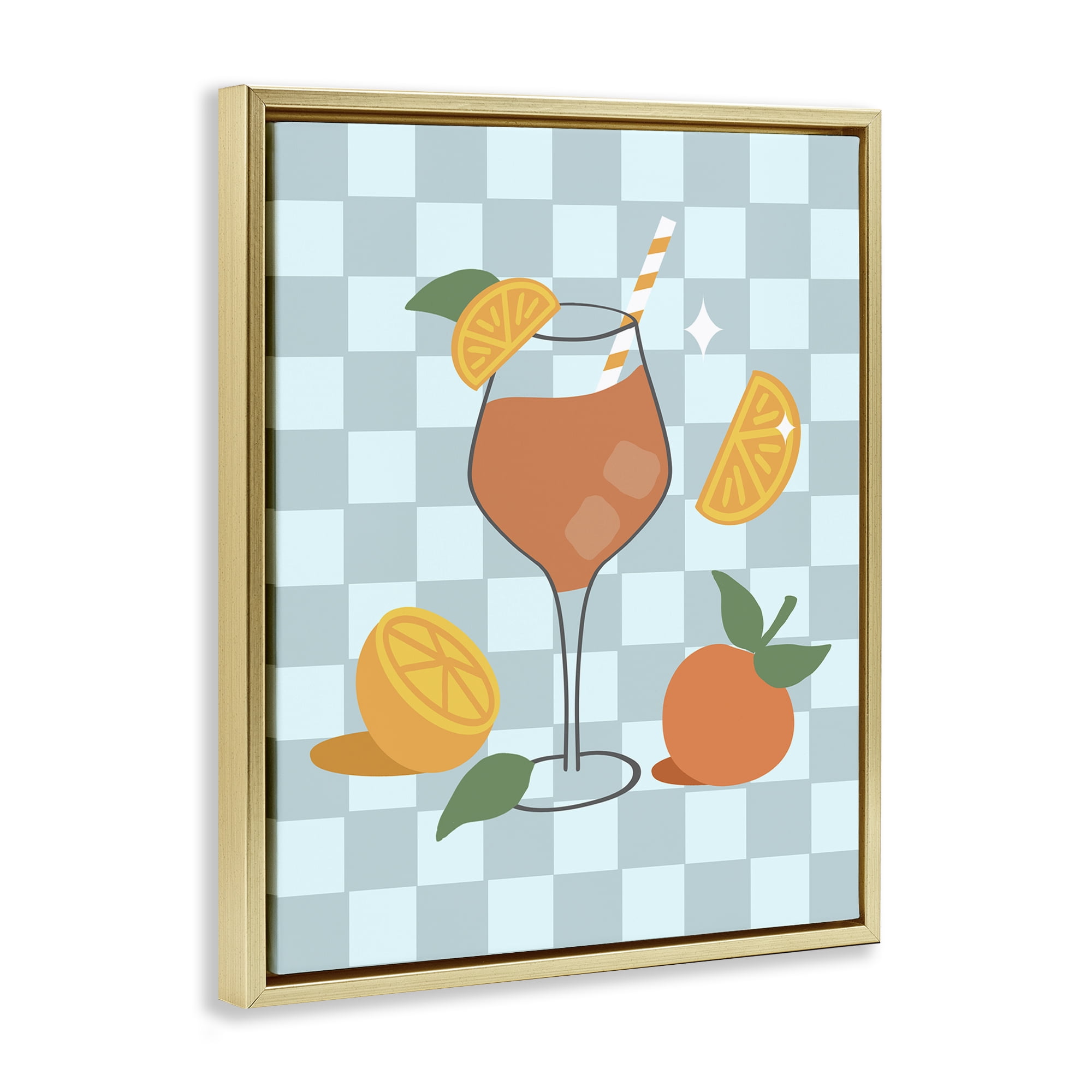 Stupell Industries Checkered Fruity Cocktail Food & Beverage Painting Gold Floater Framed Canvas Art Print Wall Art, 17 x 21