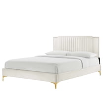 Platform Bed Frame, Tufted, Rivet Nailhead, White, Velvet, Mid Century Bedroom, Modern Contemporary Boutique HB35548