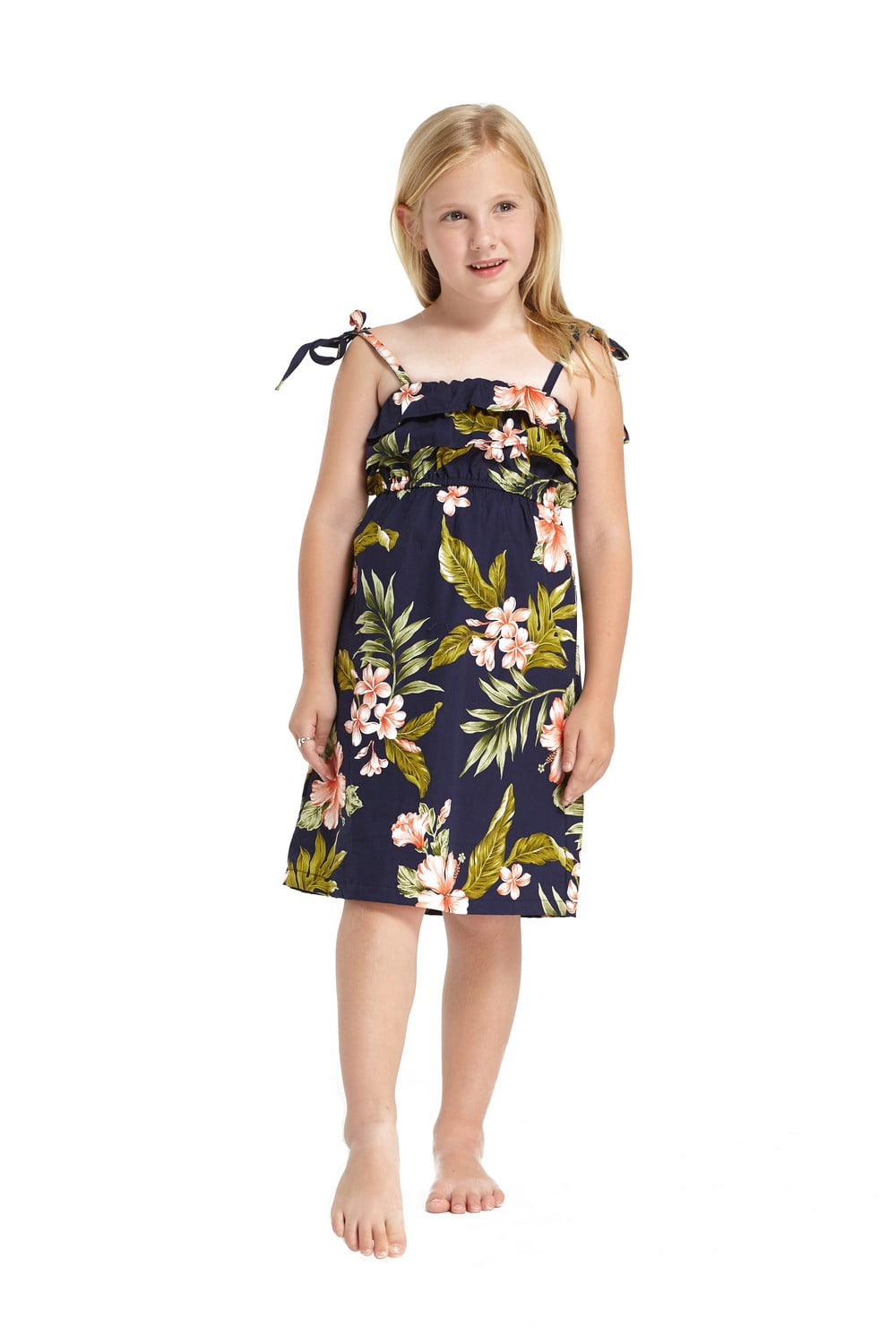 Made in Hawaii Girl Elastic Double Ruffle Hawaiian Luau Dress in Navy with Pink Floral  Walmart.com