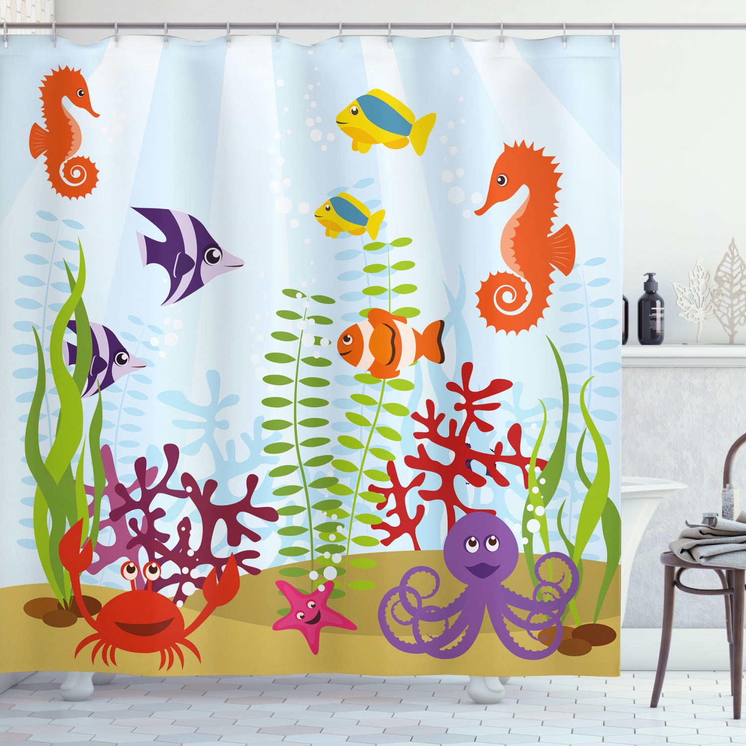 Aquarium Shower Curtain, Friendly Sea Animals Tropical Aquatic Habitat