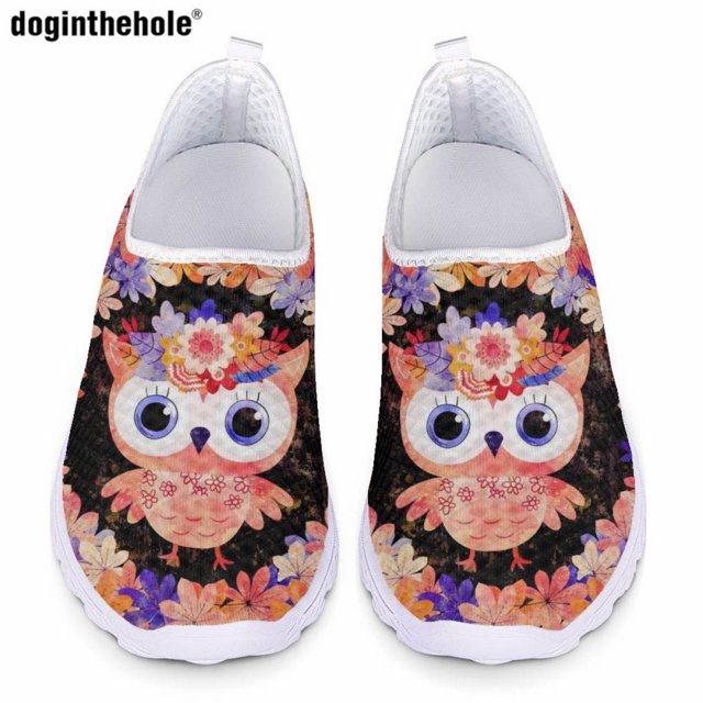 Zapatos casuales con estampado de búho de dibujos animados de Doginthehole para mujer, zapatos planos deportivos para exteriores, zapatos de verano cómodos y transpirables de malla sin cordones