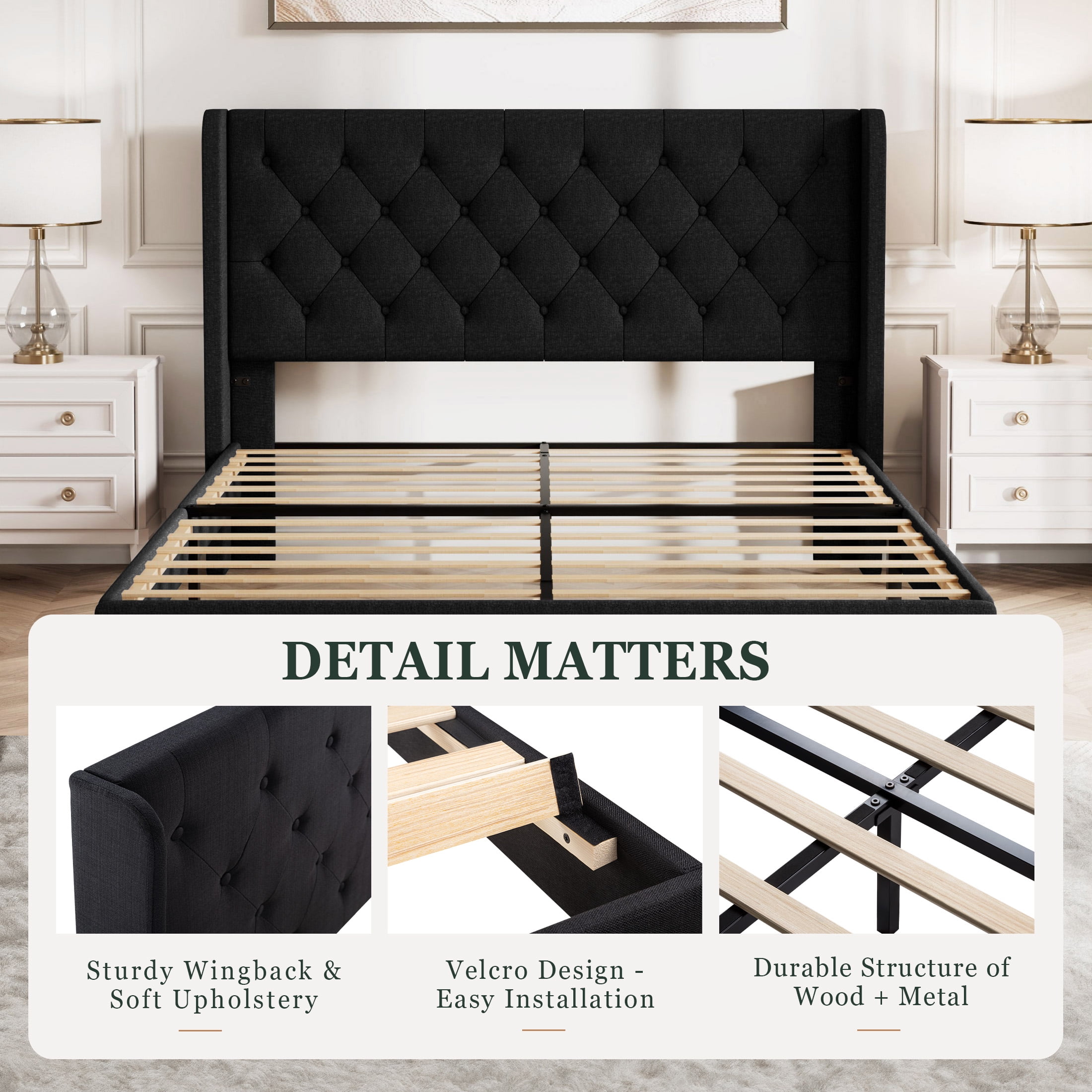 Amolife Full Size Upholstered Platform Bed Frame with Fabric Diamond Deluxe Wingback Headboard, Black