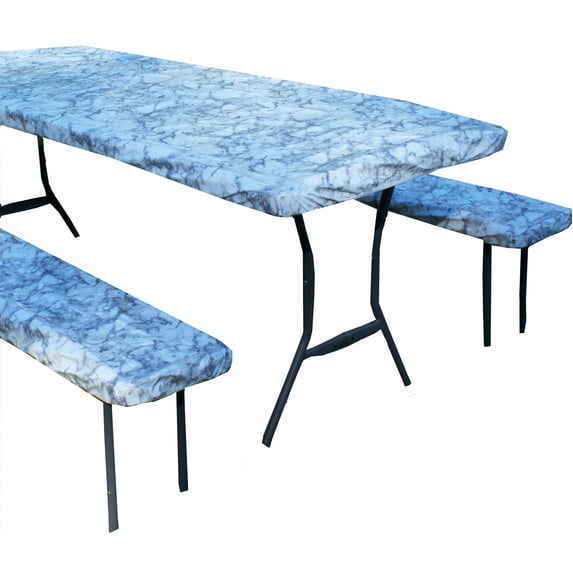 Rally Home Goods Vinyl Tablecloth Rectangular Fitted for Folding Table + Benches 3-pc Set, Flannel Backing Elastic 30x72'' (6-FT) Waterproof Wipeable, White Marble Pattern Plastic Camping Picnic