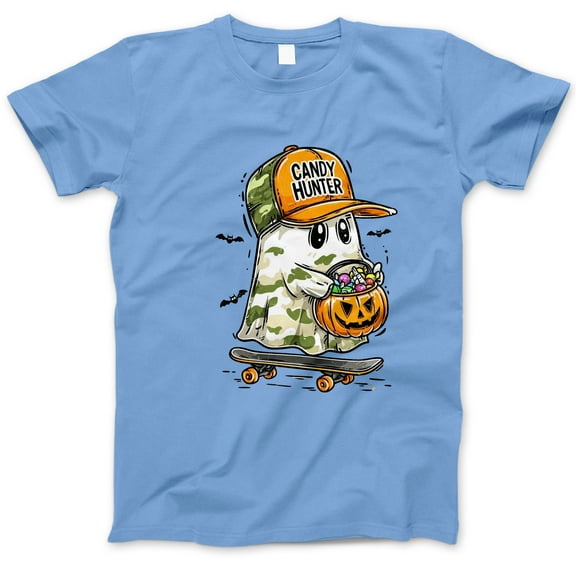 Candy Hunter Halloween T-Shirt, Cute Ghost Skateboard Trick-or-Treat Tee, Pumpkin Candy Bucket Shirt, Fun Spooky Season Gift for Teen Boys Girls Adults