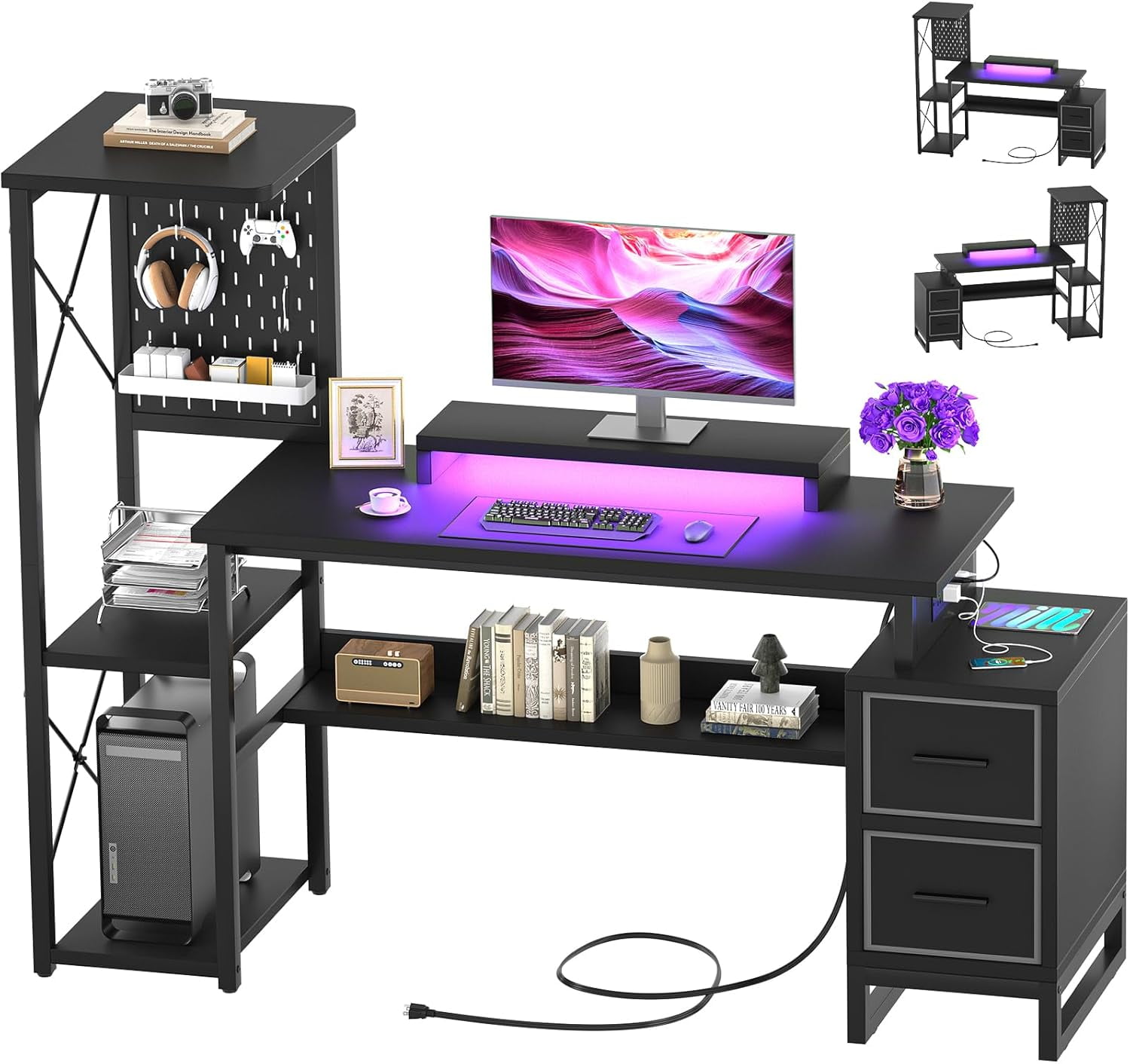 Homieasy 53" Gaming Desk with 2 Fabric Drawers, LED Lights & Pegboard, Reversible Computer Gaming Desk with Power Outlets, Writing Desk with Monitor Stand for Home & Office, Black