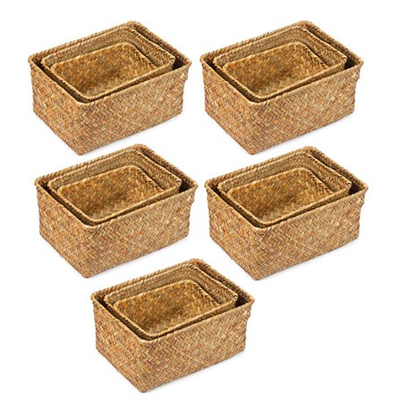 15X Seagrass Storage Basket, Multisize Handmade Rattan Shelf Baskets & Home Storage Bins Baskets for Decoration