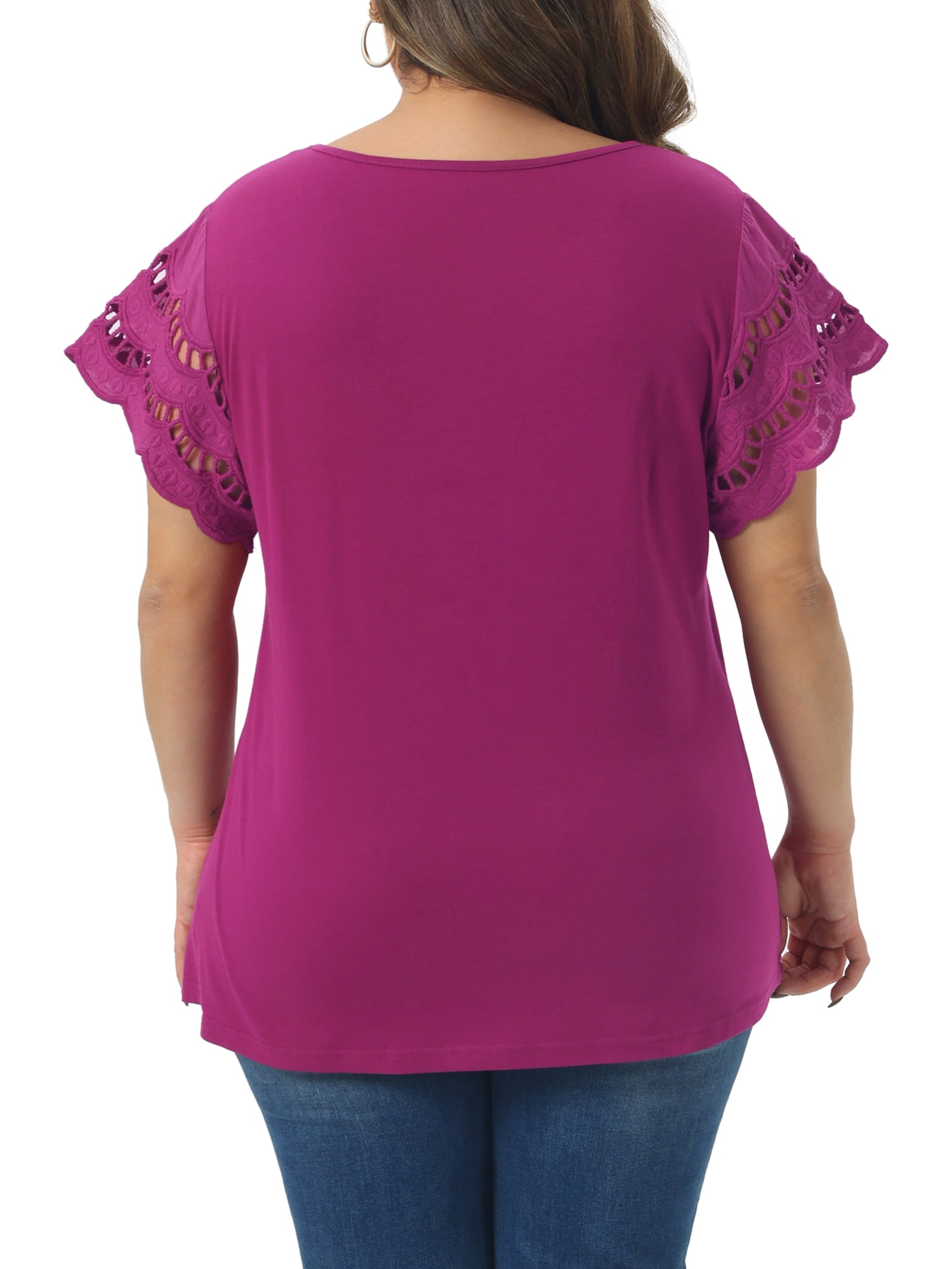 DARING DIVA Women's Plus Size Round Neck Lace Panel Blouses 1X Dark Purple
