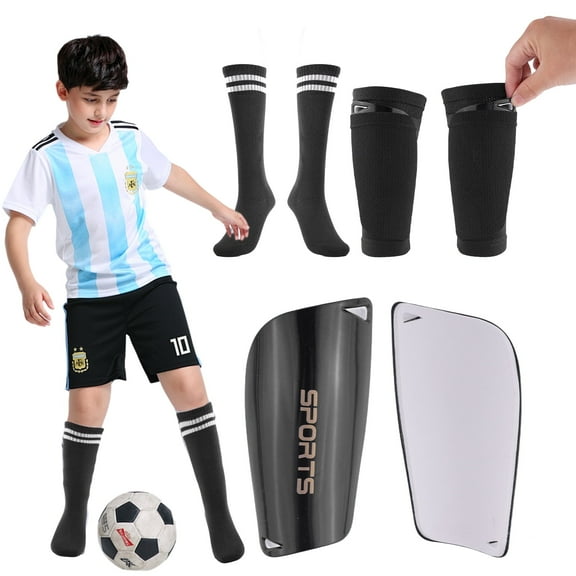 Buquapse Kids Soccer Shin Guards, Shin Pads Set with Shin Sleeves and Soccer Socks for 5-12 Boys Girls Teens, Lightweight Soccer Shin Pads with Ankle Protection Protective Football Equipment (Black)
