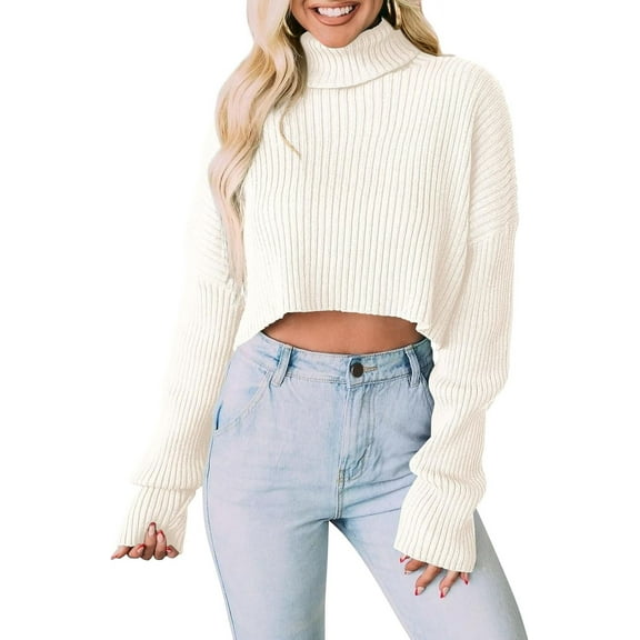 Women's 2024 Fall Winter Turtleneck Cropped Sweater Causal Ribbed Knit Long Sleeve Pullover Jumper Tops
