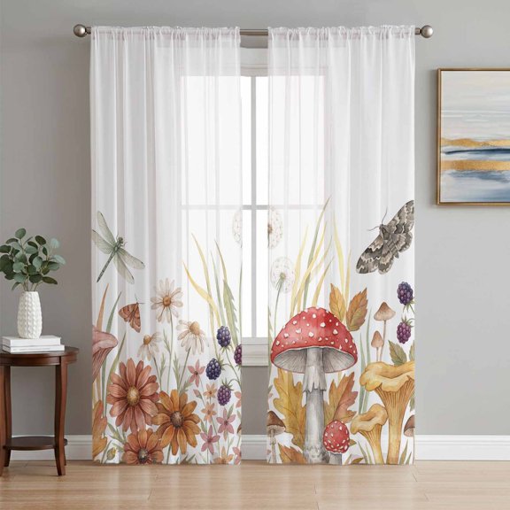 Fall Sheer Curtains 63 Inch Length 2 Panels Set, Autumn Mushroom Botanical Flowers Leaves Voile Window Treatment Rod Pocket Curtains Sheers Drapes for Bedroom/Living Room/Kitchen 52x"63"x2