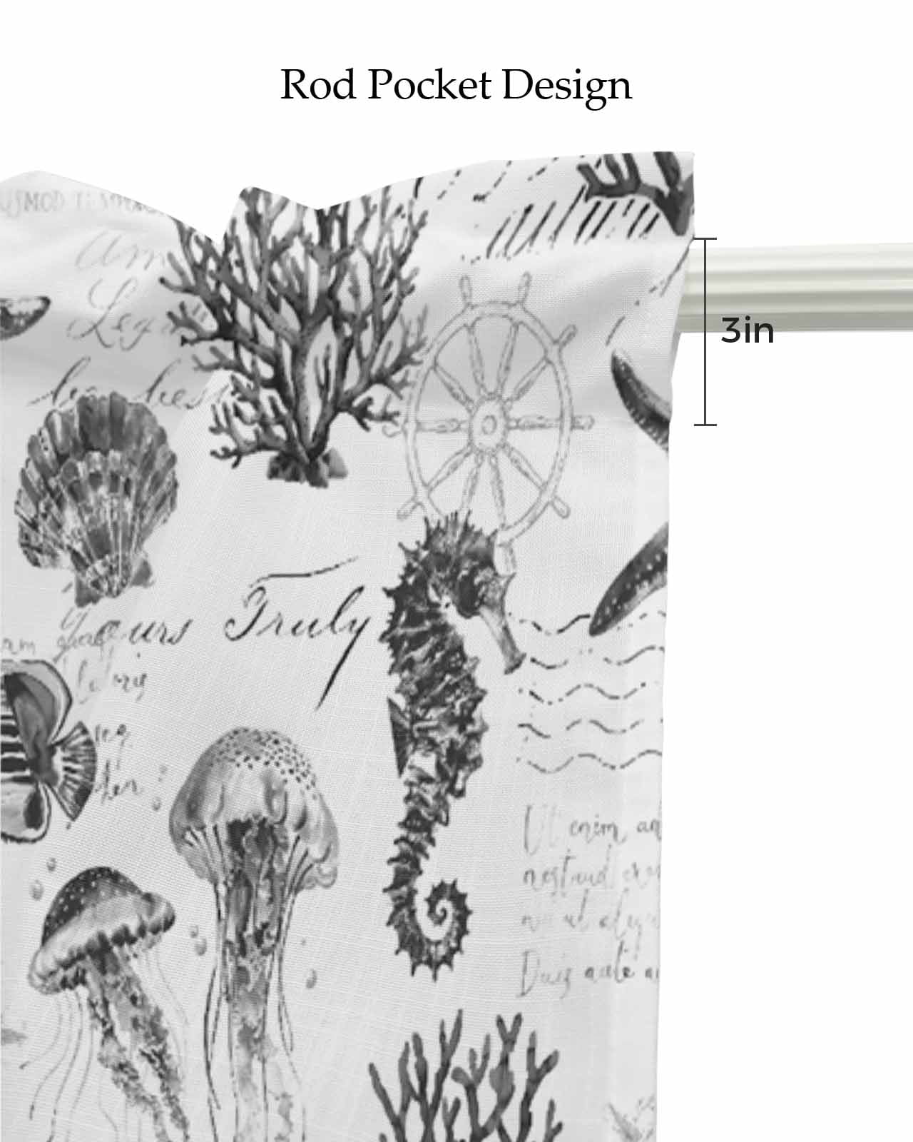 Gray Coastal Kitchen Valances for Windows Farmhouse Linen Window Valance Curtain for Living Room Window Treatment Retro Nautical Starfish Coral Jellyfish Valance Rod Pocket Topper Drape, 42 x 18 Inch