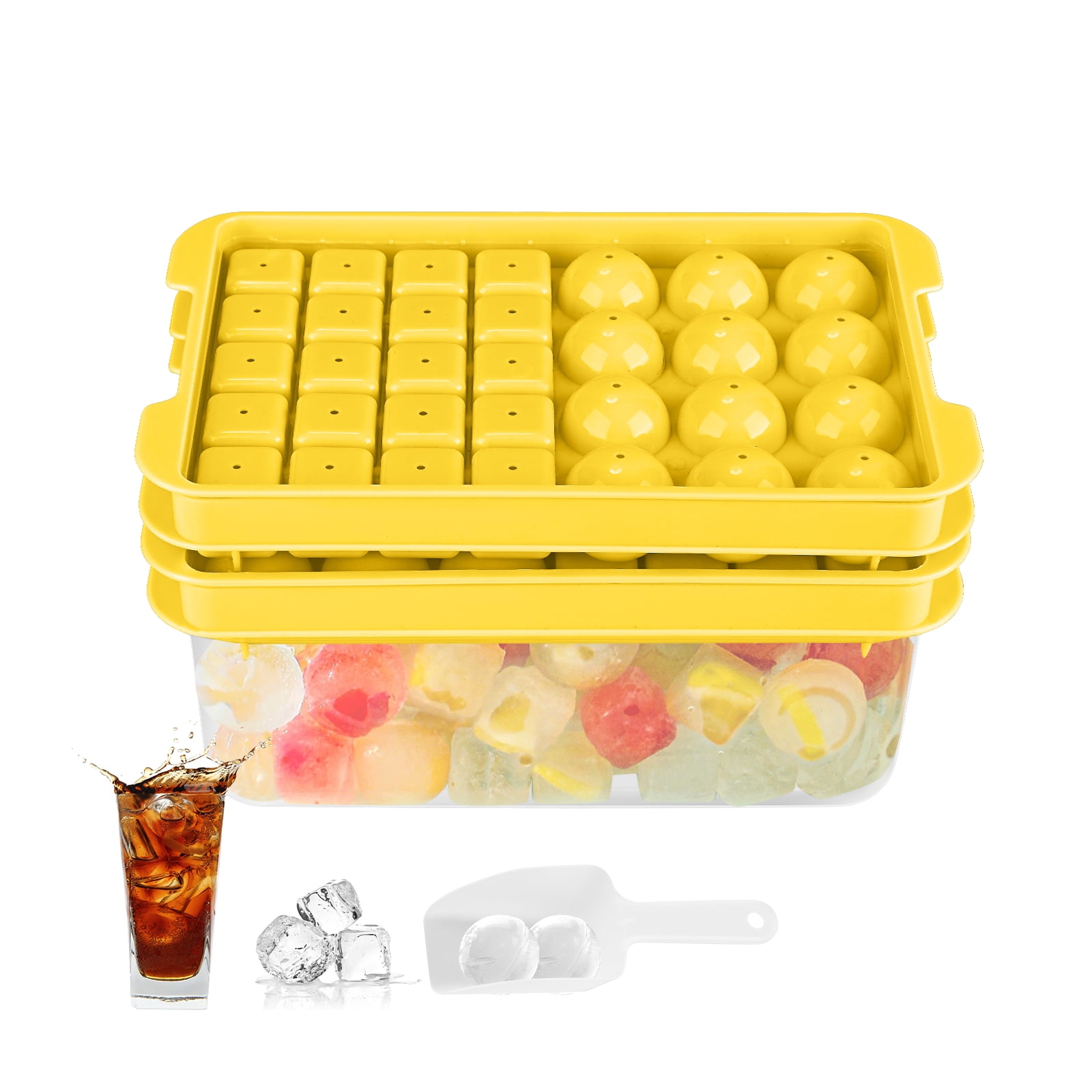 Aurevoir 64 Ice Cube Trays with Lid Bin Ice Cube Moulds 2 Tier with