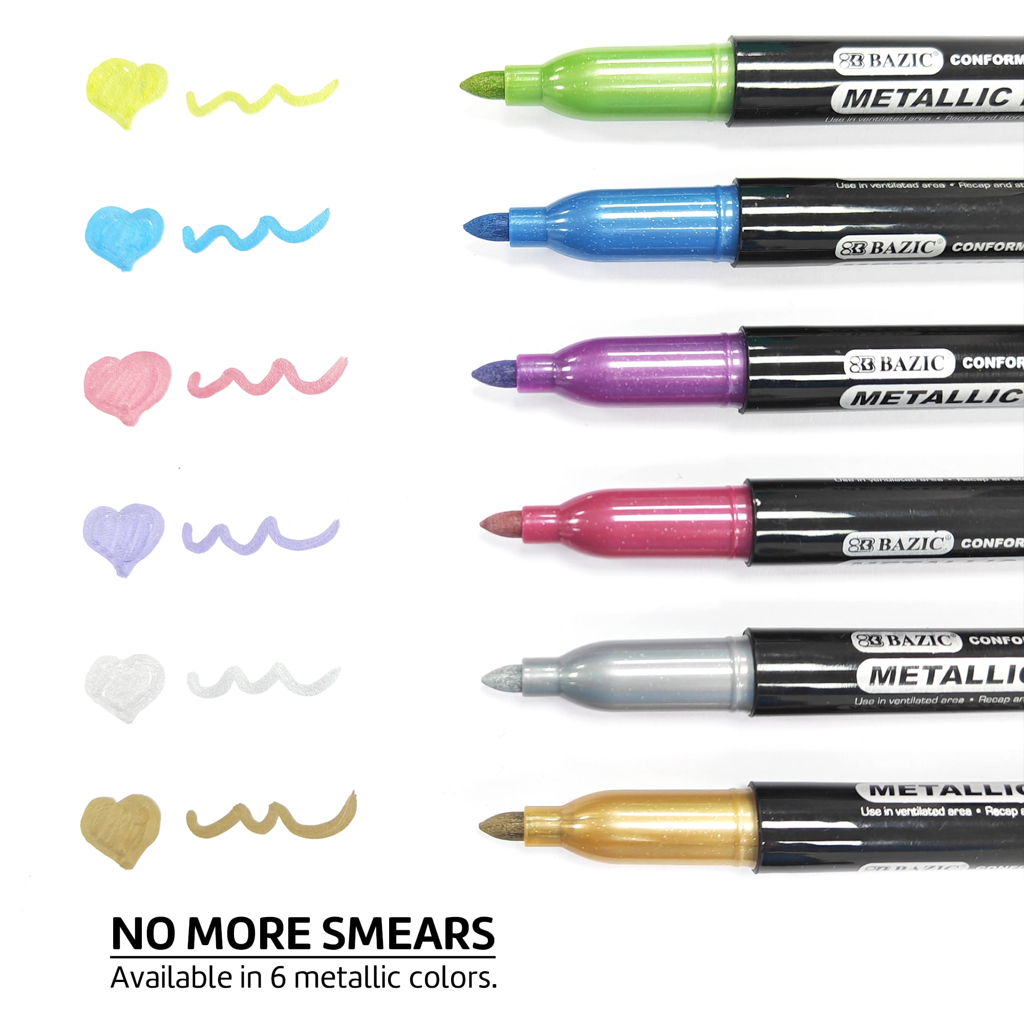 BAZIC Permanent Markers Metallic 6 Color, Fine Line Glitter (6/Pack), 12-Pack
