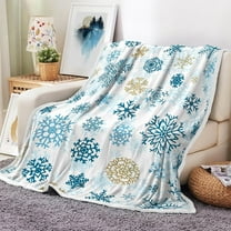 Christmas Throw Blanket, Blue Gold Snowflake Christmas Fleece Blanket, Soft Plush Warm Winter Cabin Throw for Couch Sofa Bed Decor, 50X60IN