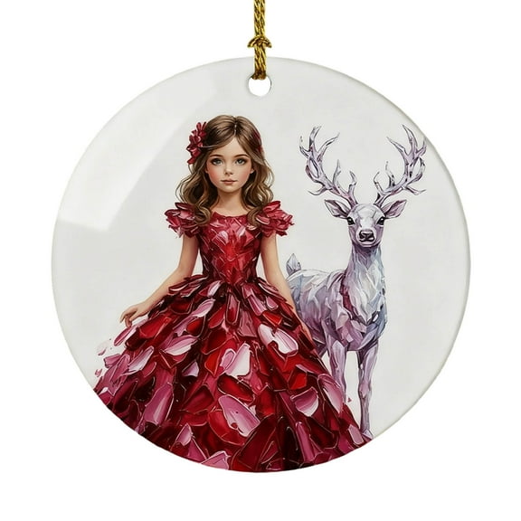 TanSiDing 1pcs Vintage Reindeer Ornament with Girl Figurine - Glittering Christmas Tree Decoration for Holiday Home Décor, Inspirational Gift Style 1
