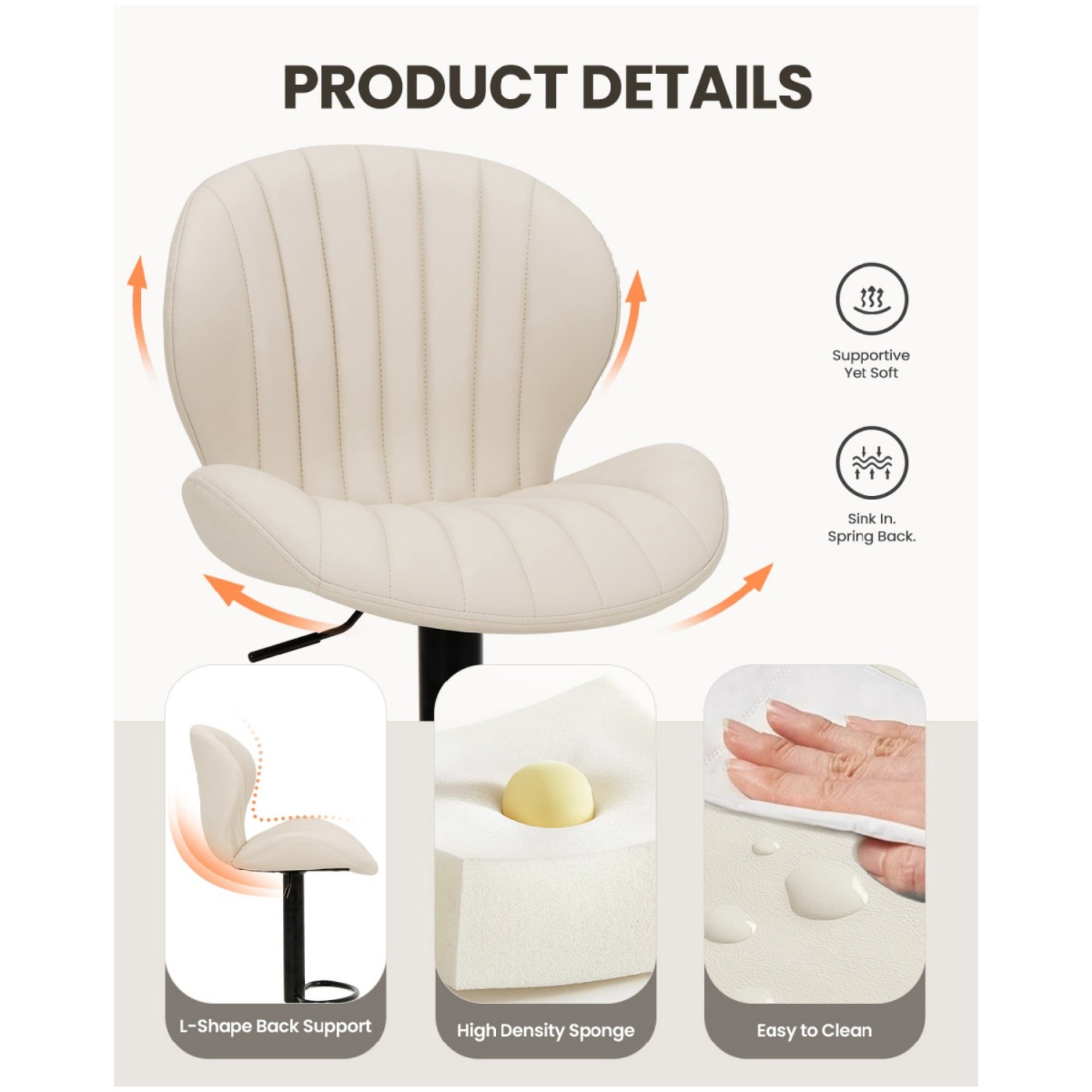 EOP Swivel Bar Stools Set of 4, Modern Upholstered Adjustable Height Counter Stools with Footrest, Faux Leather Upholstered BarStools with Metal Frame, Bar Chairs with Backrest, Beige