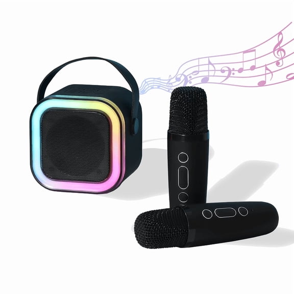 Kids & Adults Mini Karaoke Machine with 2 Wireless Mics, Portable Bluetooth Speaker & LED Party Lights - Home/Outdoor Use, Birthday Gift for 2-12 Year Olds - Black