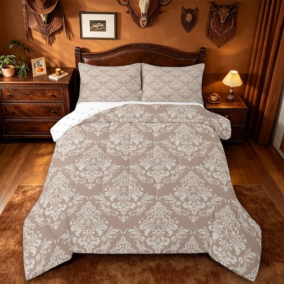 jejeloiu Vintage Damask Queen Comforter Set,Retro Floral Comforter Sets Queen For Adults,Beige Taupe,Reversible,3pcs,1 Comforter and 2 Pillowcases